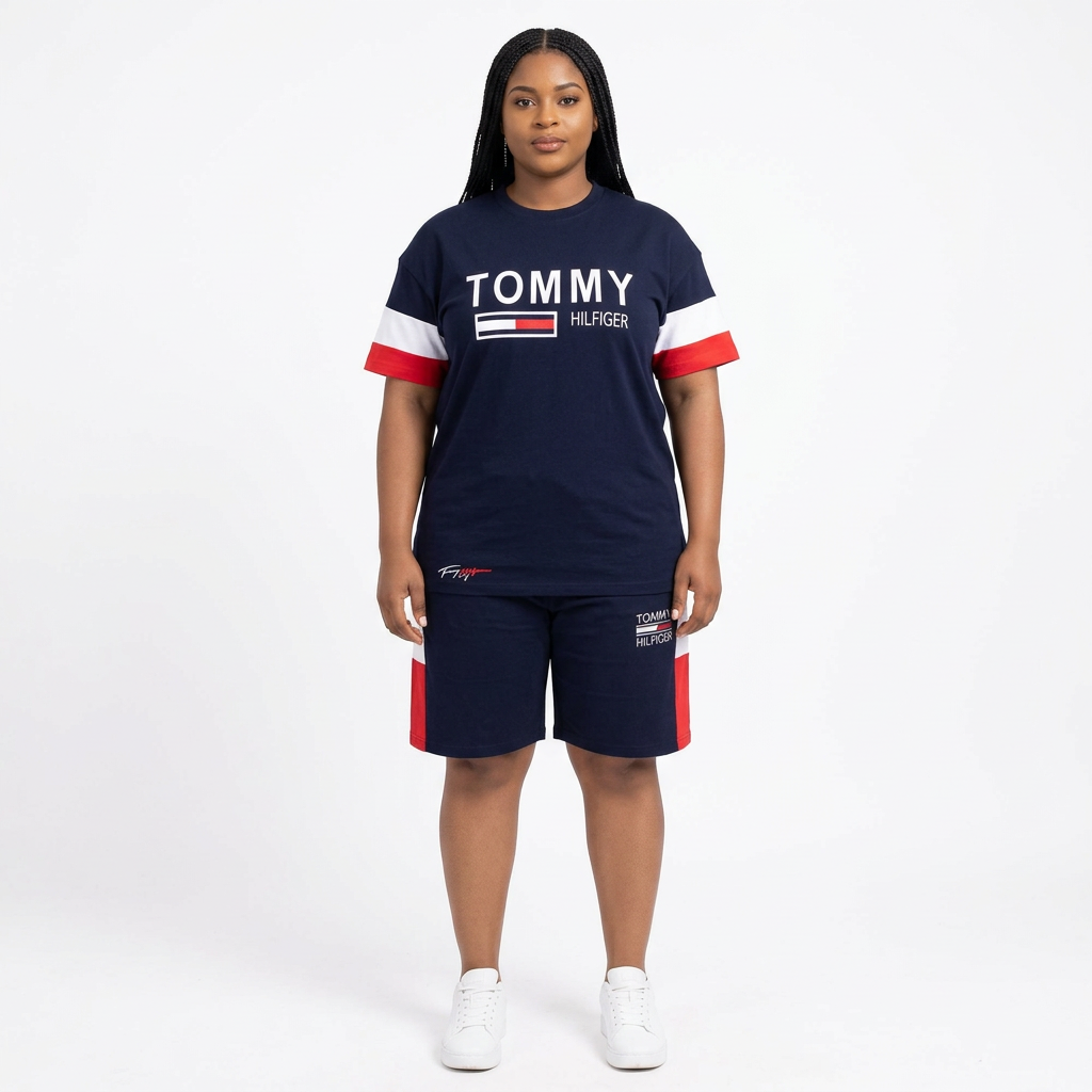 Black adult model wearing a navy colour-block T-shirt and shorts set