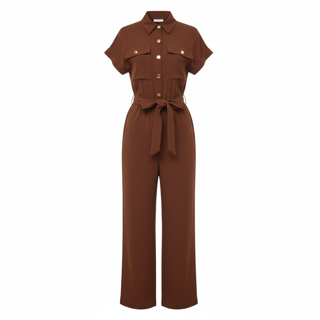 Brown Utility Wide-Leg Jumpsuit - Ghost Mannequin Front