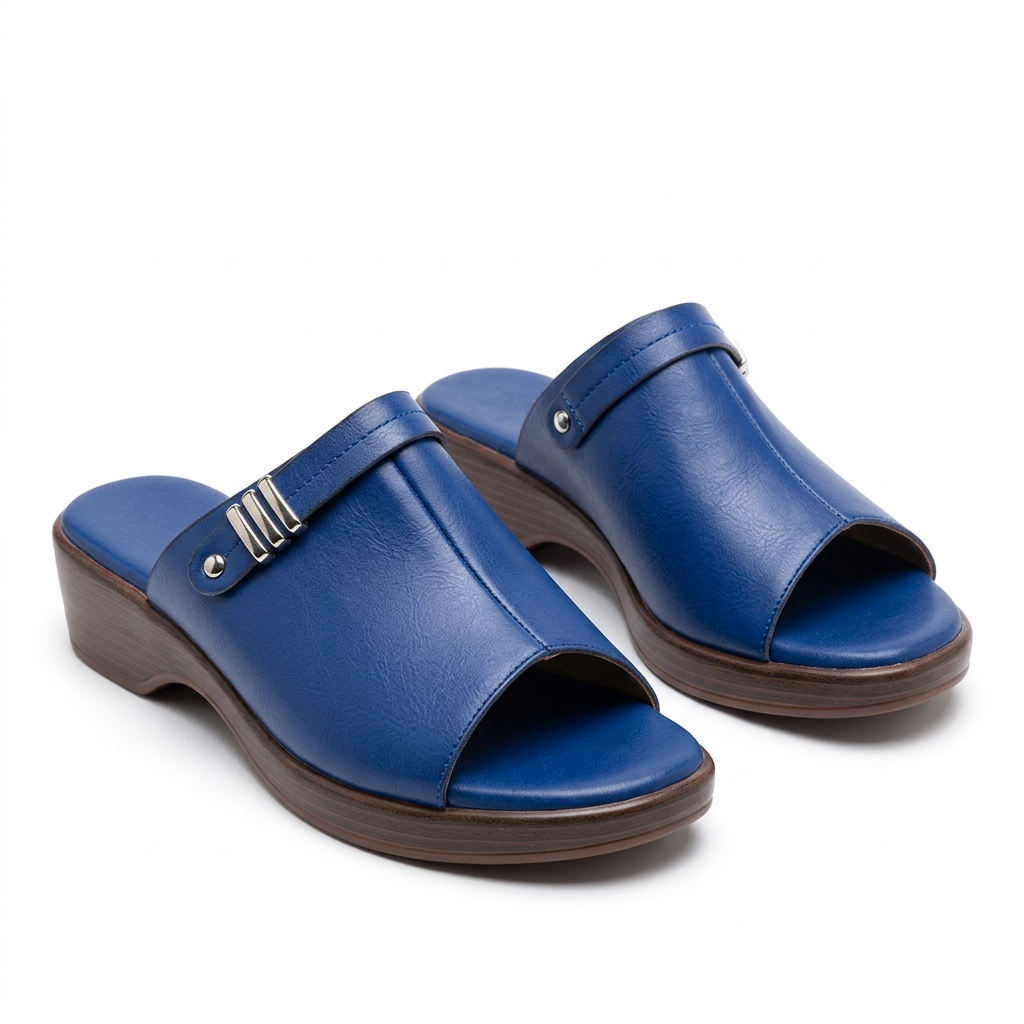 Pair of cobalt-blue women’s heeled slides with silver-tone strap accents and brown soles on white