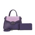 Purple and lilac woven-panel handbag with matching pouch and detachable strap on white