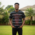 Nigerian male model wearing men's black graffiti script stripe print shirt