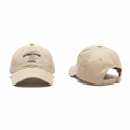 Cream beige collegiate dad cap with dark navy embroidery ghost mannequin front and side view