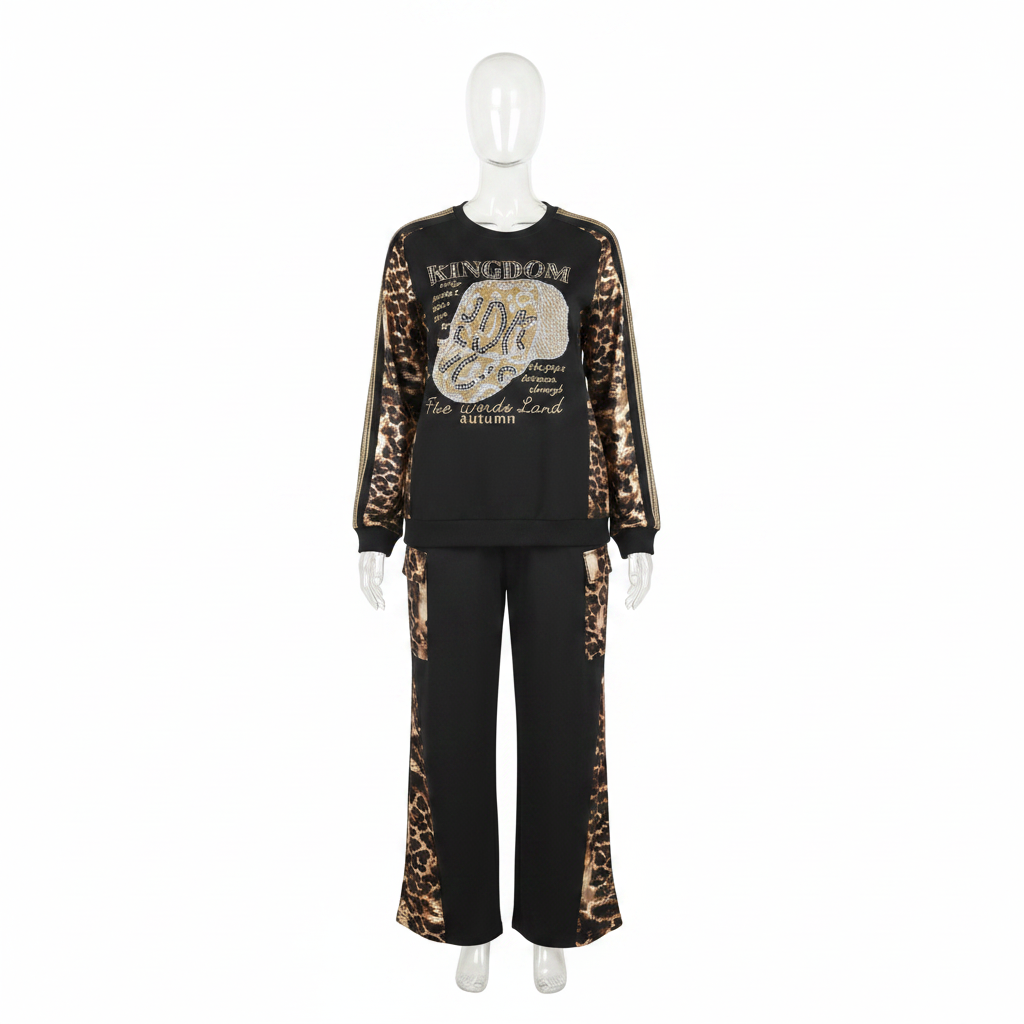 Women's black gold metallic leopard panel rhinestone crystal two-piece co-ord set - ghost mannequin front view
