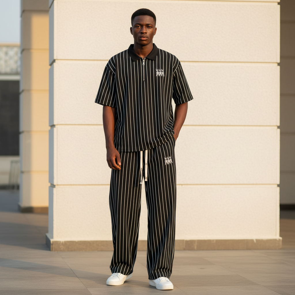 Male model wearing black white pinstripe gothic logo polo and trouser two-piece set