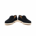 Men's navy blue suede moccasin-stitch slip-on loafers pair product shot
