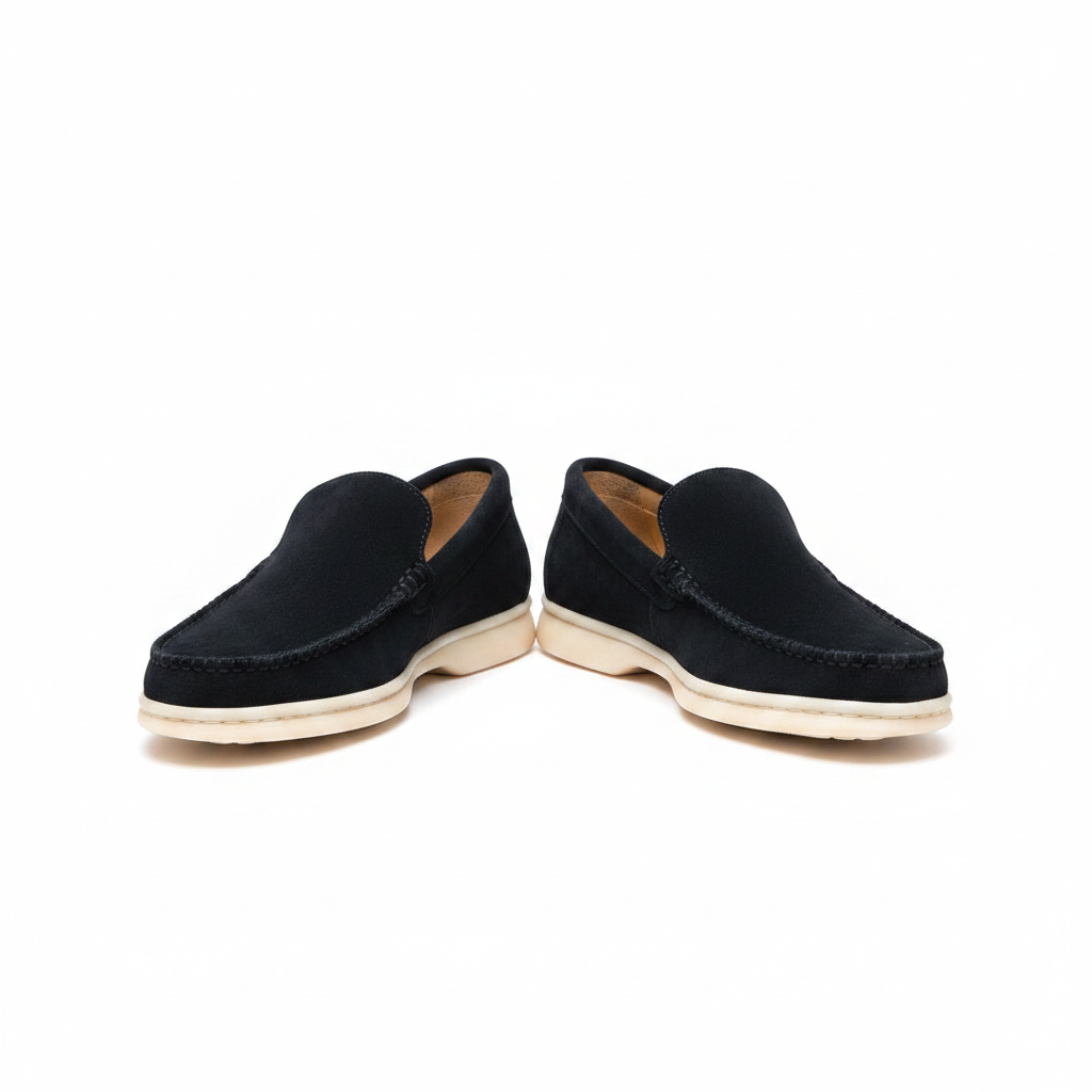 Men's navy blue suede moccasin-stitch slip-on loafers pair product shot