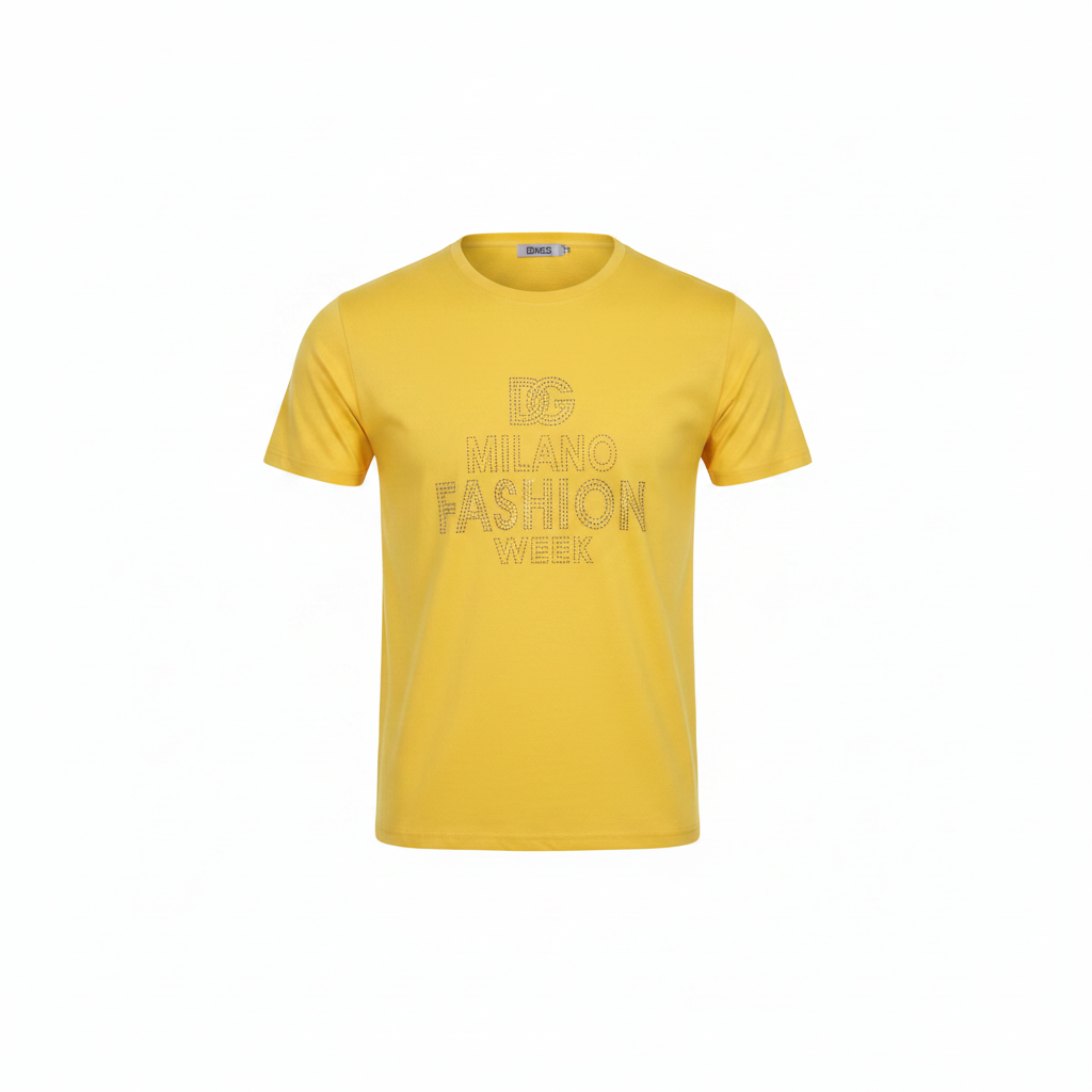 Ghost mannequin front view of yellow rhinestone fashion week T-shirt