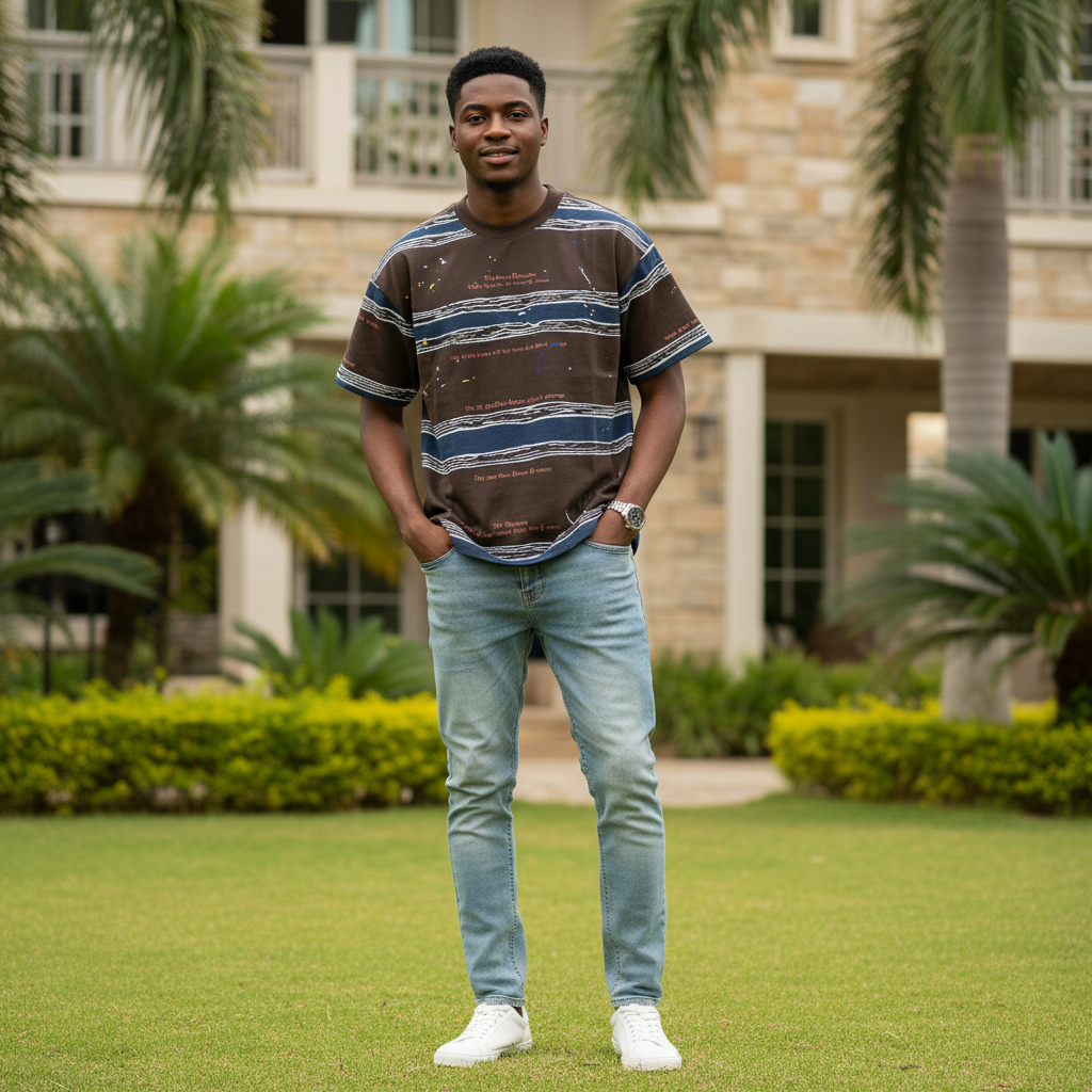 Nigerian male model wearing men's dark brown wavy stripe print shirt
