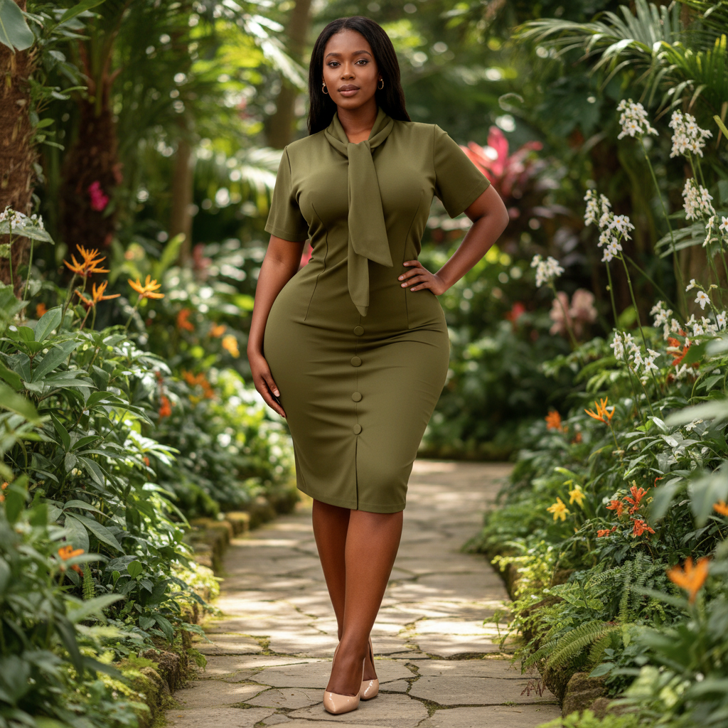 Nigerian female model wearing olive green pussy bow neck bodycon midi dress