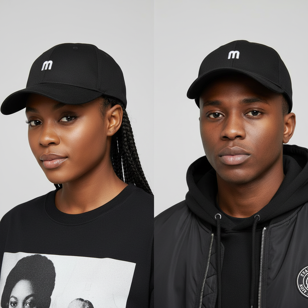 Nigerian male and female models wearing black minimal logo embroidered baseball cap