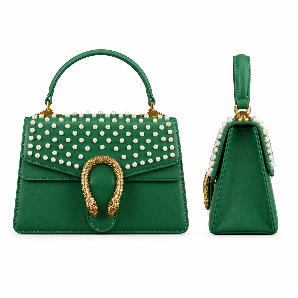 Green pearl-embellished top-handle bag from front and side