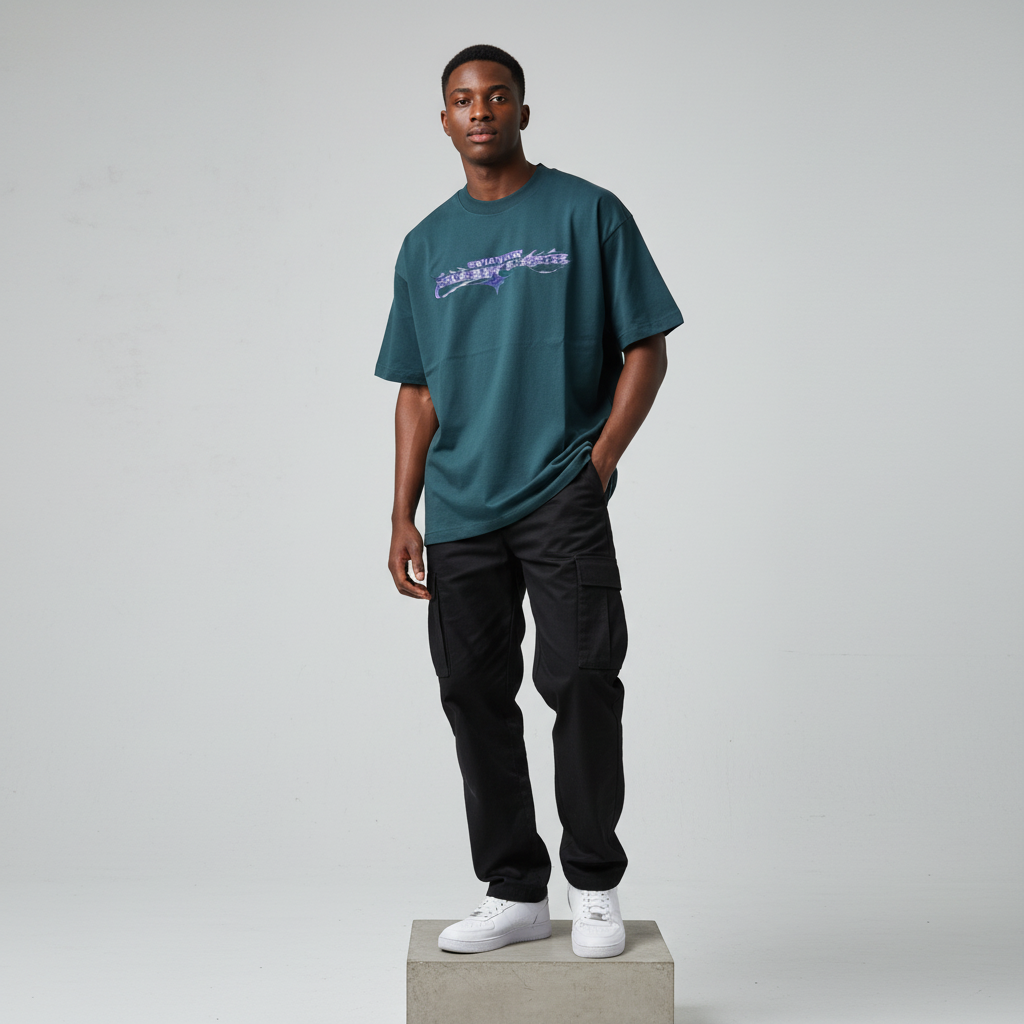 Teal Seventeen Graphic Oversized Tee - Male Model Front