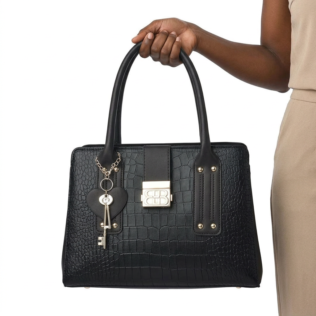 Black embossed tote without label held by one hand gripping both handles