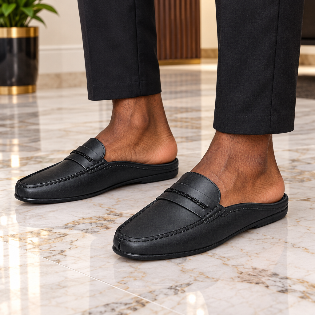 Both feet wearing black backless loafer mules indoors