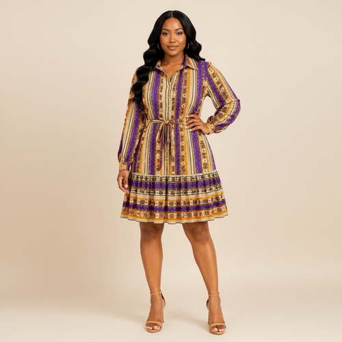 Royal Stripe Shirt Dress – Purple & Gold – Model Shot