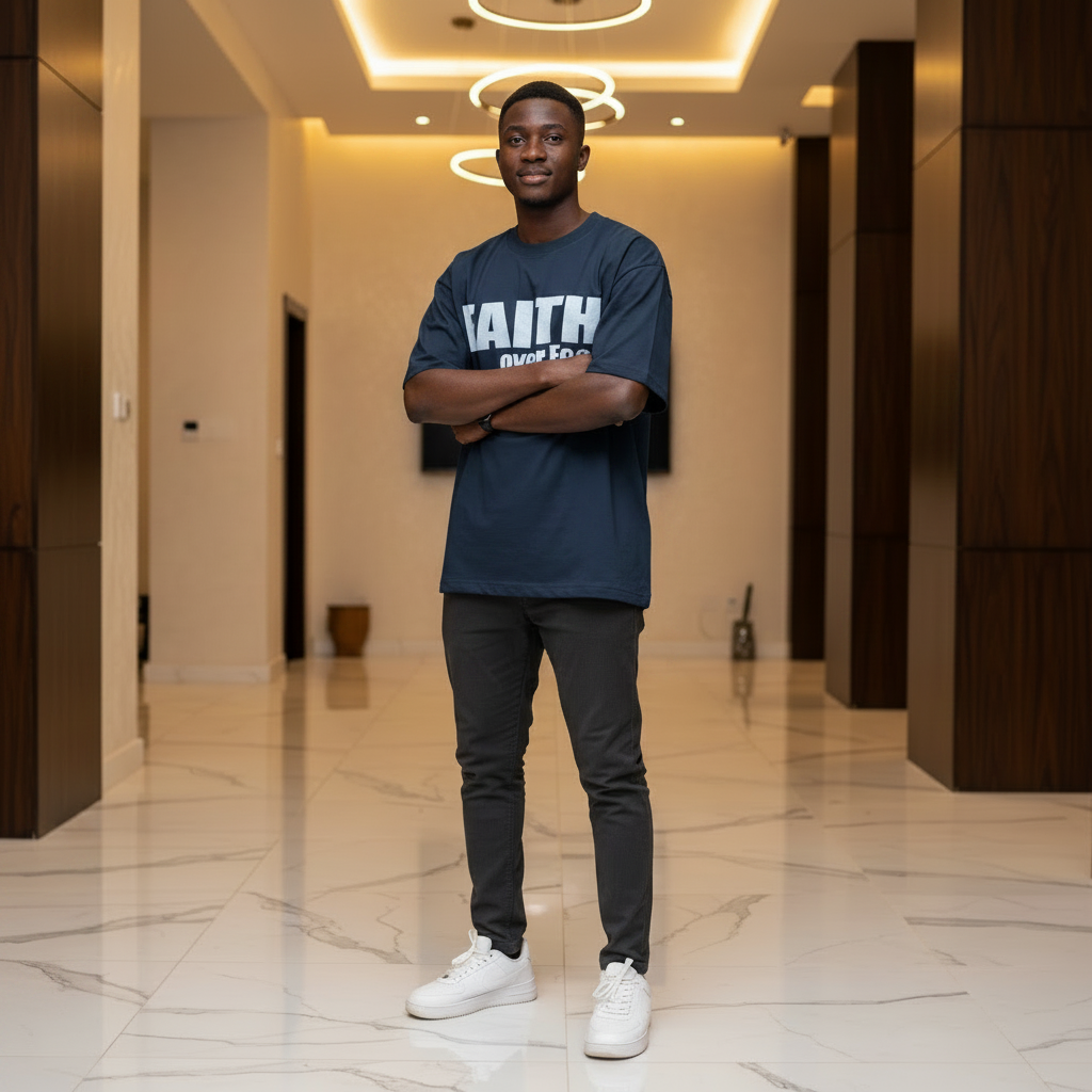 Faith Over Fear Tee Navy Blue – Model Shot