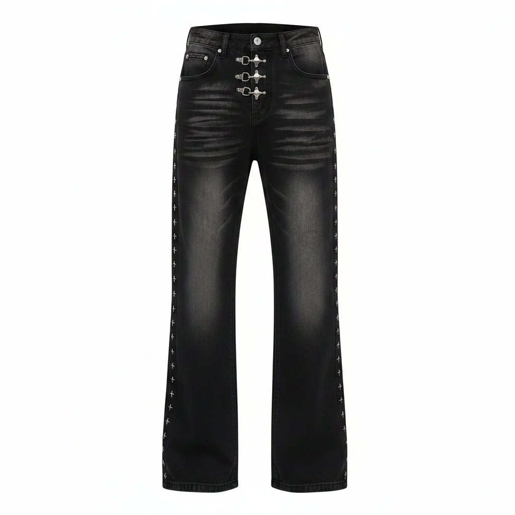 Men's black washed flared denim jeans with silver cross stitch embroidery down both side seams and chain-link waistband hardware, ghost mannequin front view