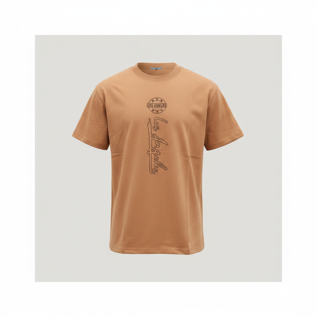 Men's beige Los Angeles graphic T-shirt on a ghost mannequin