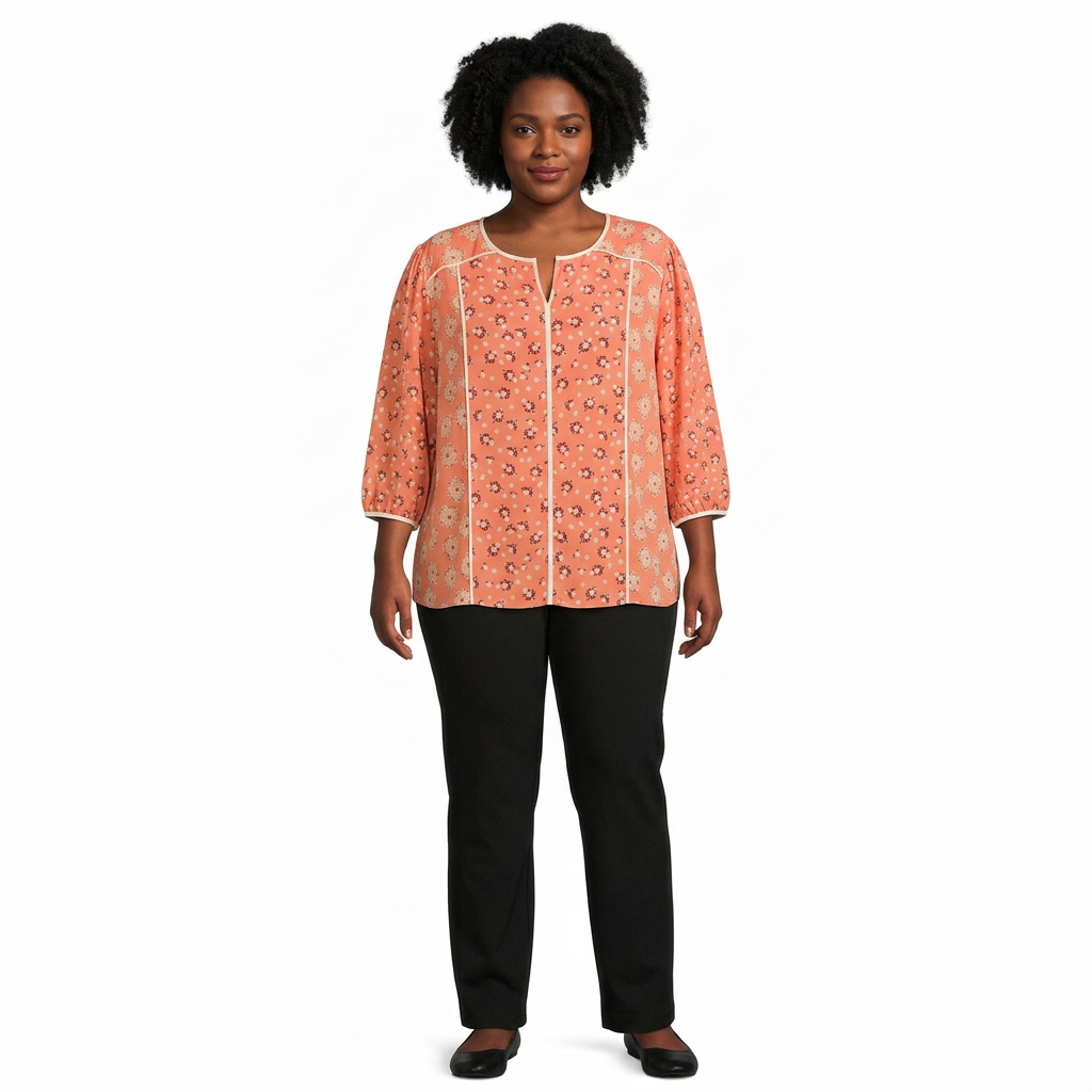 Full-body adult Black woman wearing a coral floral split-neck blouse