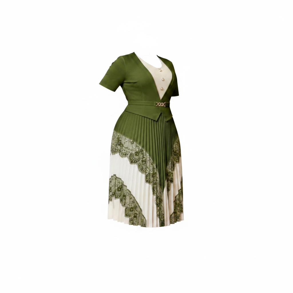 Ghost mannequin view of women's olive green lace panel peplum pleated midi two-piece set