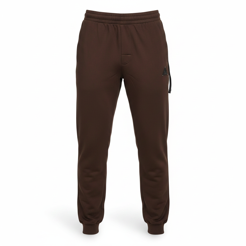 Men's chocolate brown slim jogger pants ghost mannequin front view white background