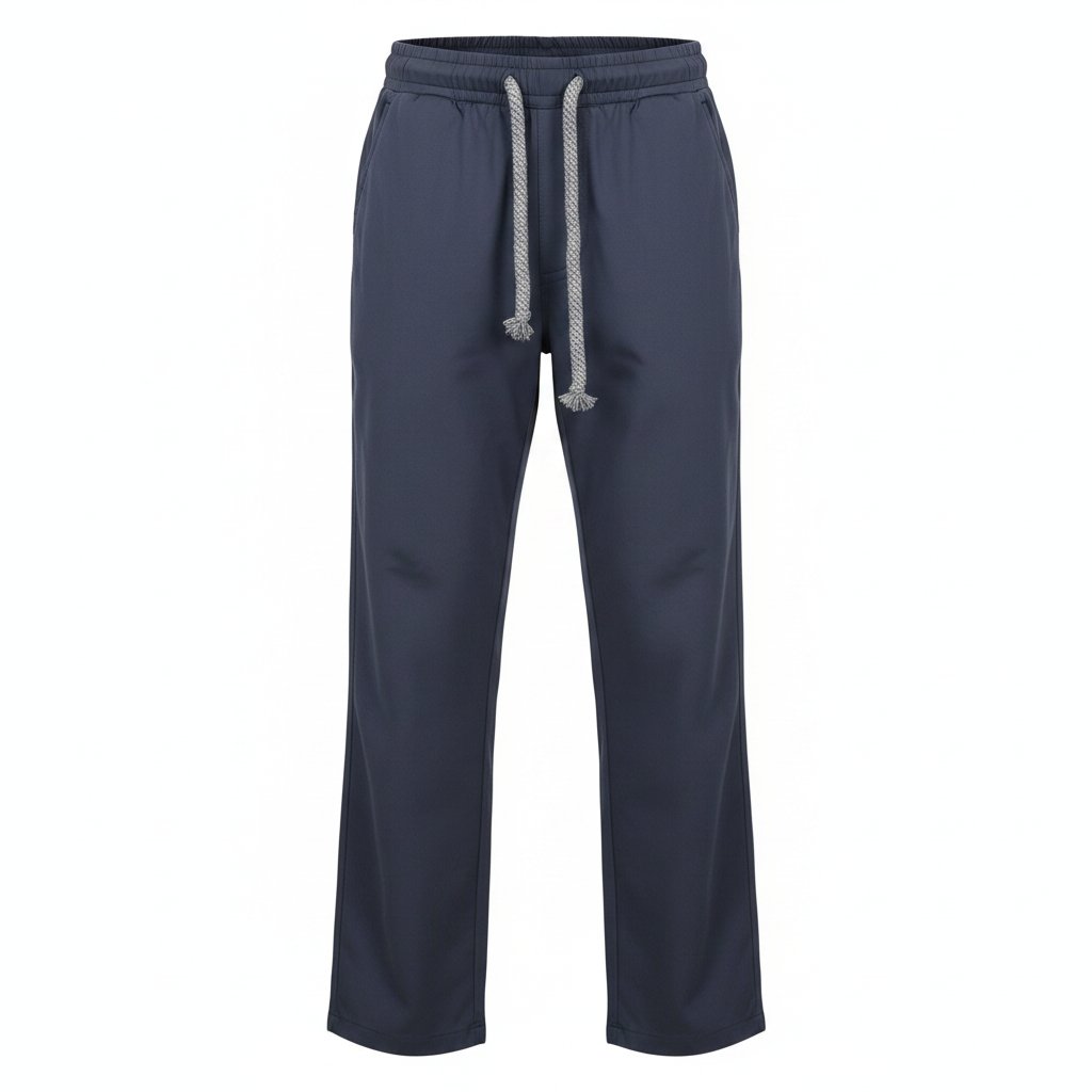 Dark blue drawstring trousers on ghost mannequin, white background