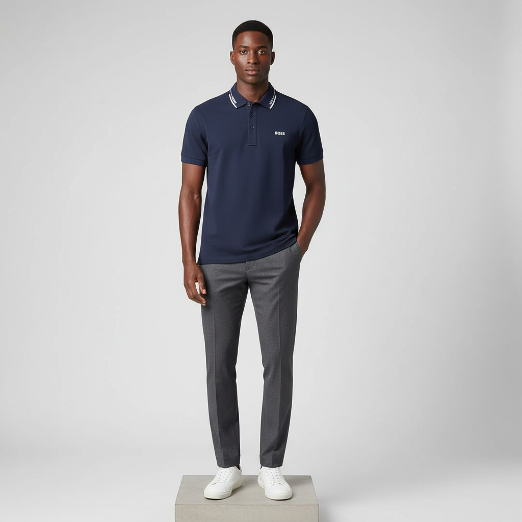 Nigerian male model wearing navy blue contrast-tipped polo shirt, front view