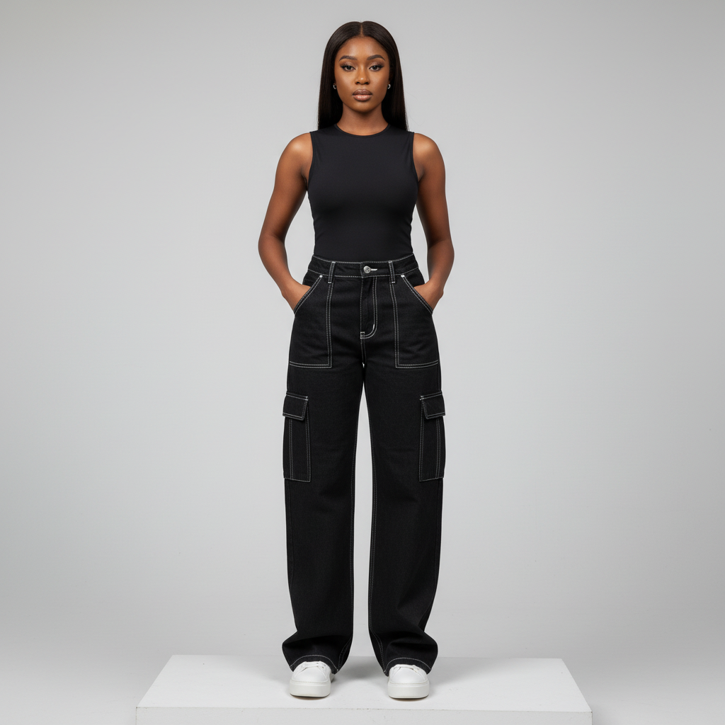 Black High-Waist Wide-Leg Cargo Denim Jeans – Front Model
