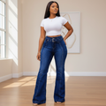 High-Waist Belted Flare Jeans Dark Blue – Model Shot