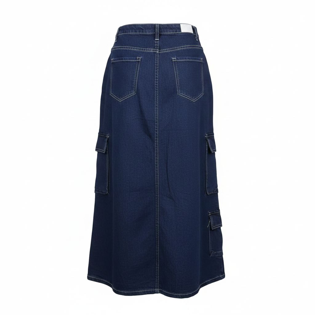 Dark Navy Multi-Pocket Heavy Cargo Denim Skirt - Ghost Mannequin Back