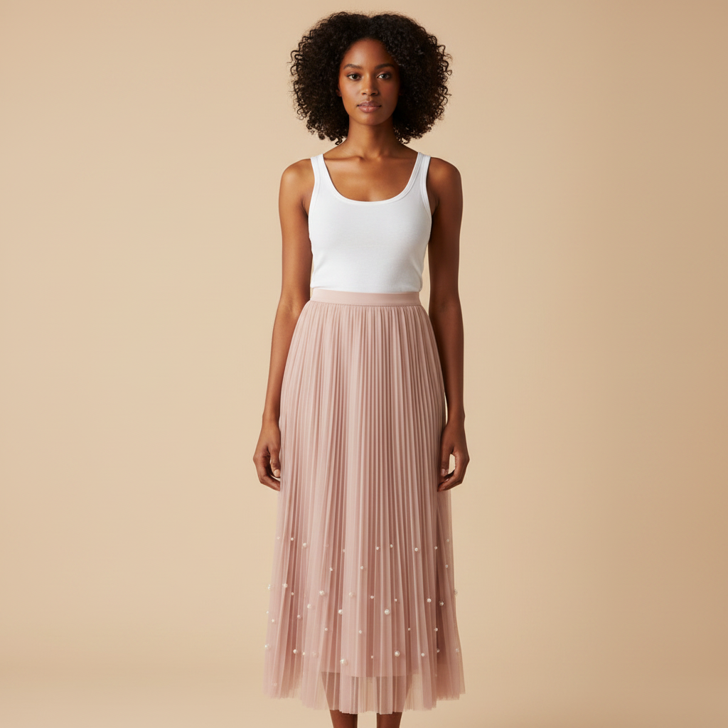 Nigerian woman wearing blush pink pearl hem pleated midi skirt - front view