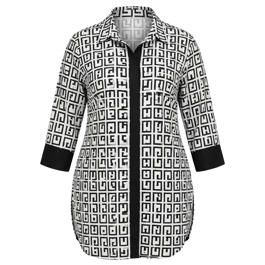 Black-and-white geometric longline blouse with black cuffs on an invisible mannequin against white