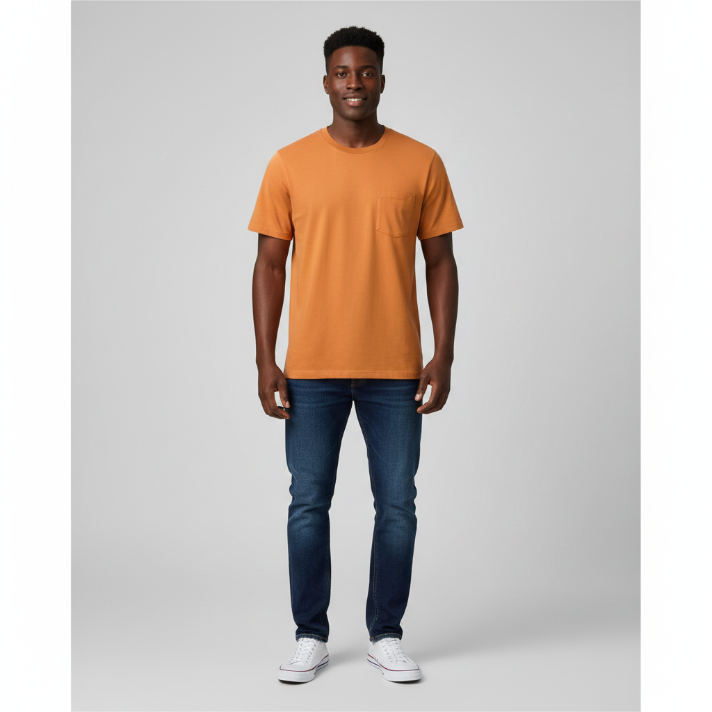 Young Nigerian male wearing burnt orange chest pocket plain crew neck tee