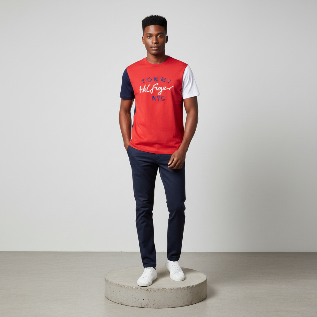 Nigerian male model wearing red colourblock short-sleeved shirt, front view