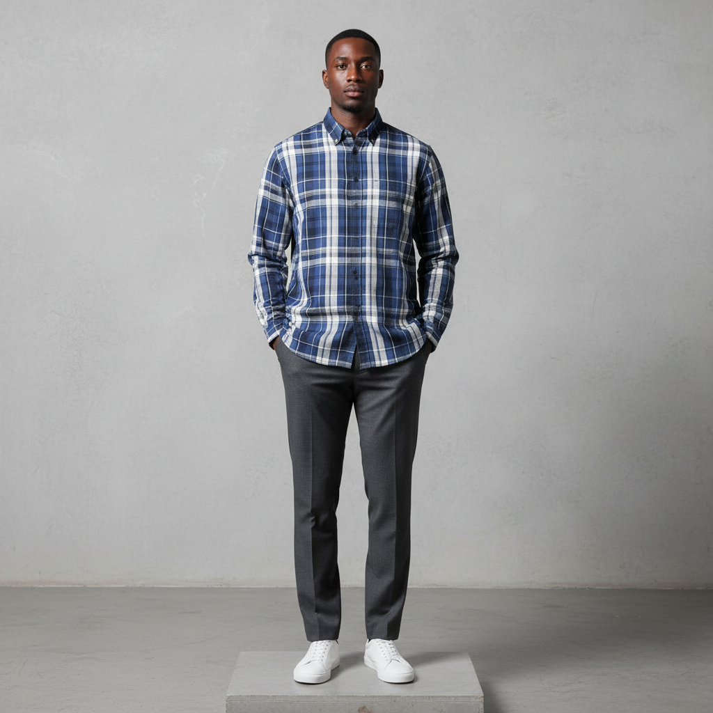 Nigerian male model wearing navy blue grey plaid long-sleeved shirt, front view