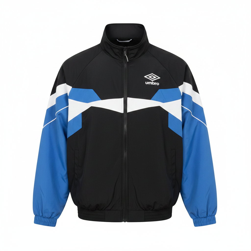 Ghost mannequin view of the black and blue colourblock track jacket