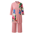 Pink floral tunic and cropped wide-leg trousers on an invisible mannequin