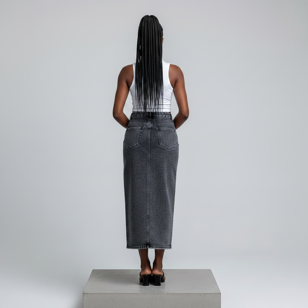 Charcoal Grey Acid Wash Midi Denim Skirt – Model Back
