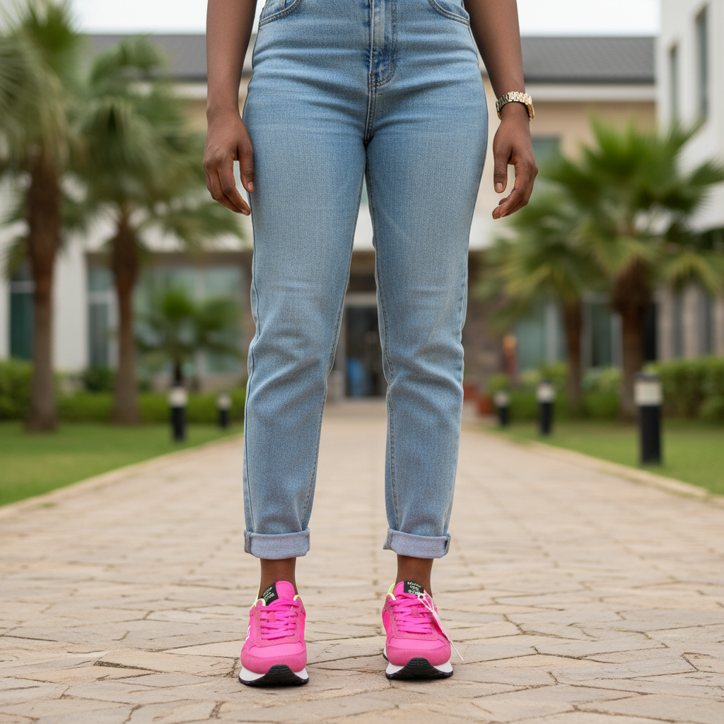 Nigerian female model wearing hot pink and neon yellow graphic panel lace-up sneakers