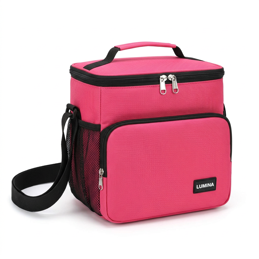 Pink lunch bag on white