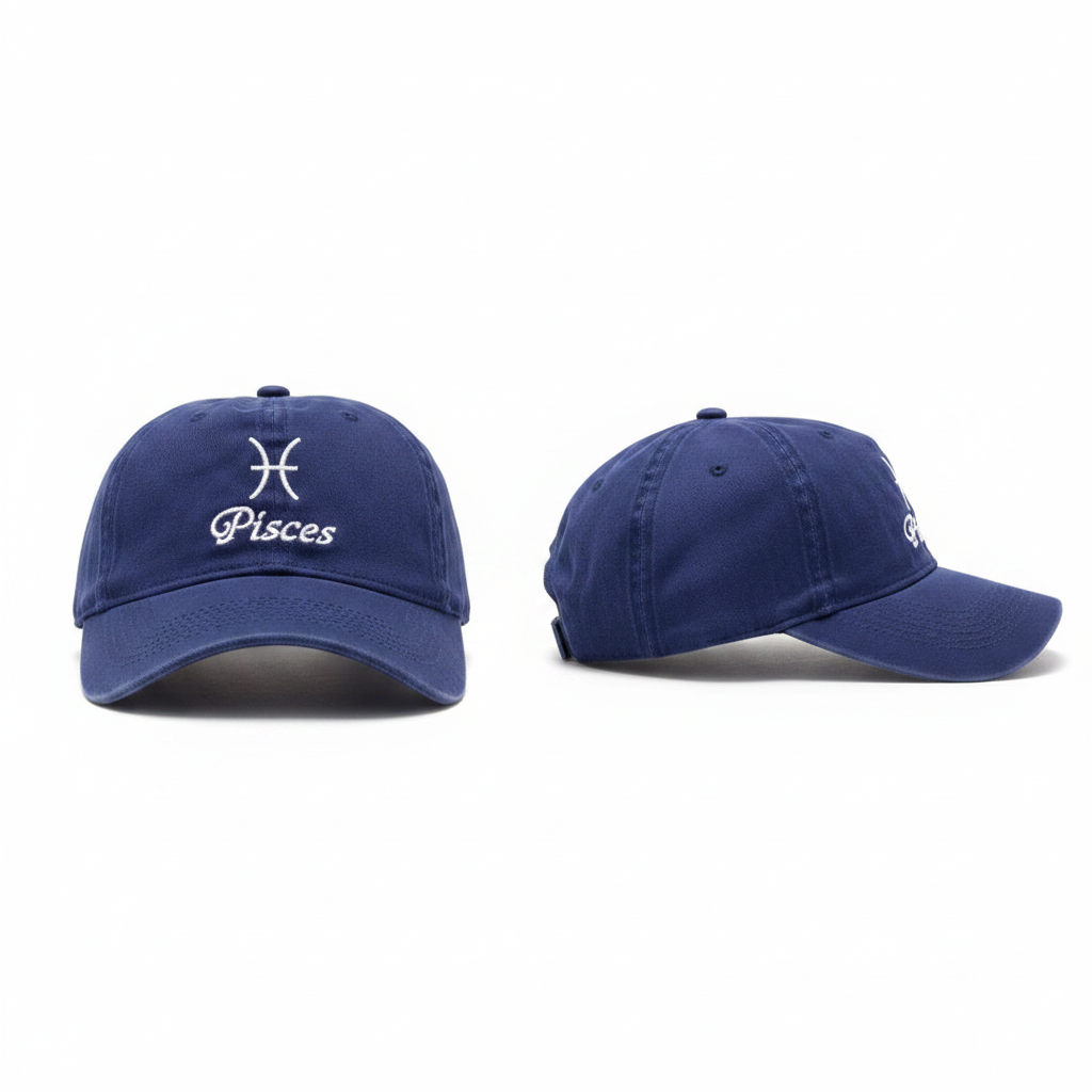 Royal blue Pisces zodiac embroidered dad cap – ghost mannequin front and side view