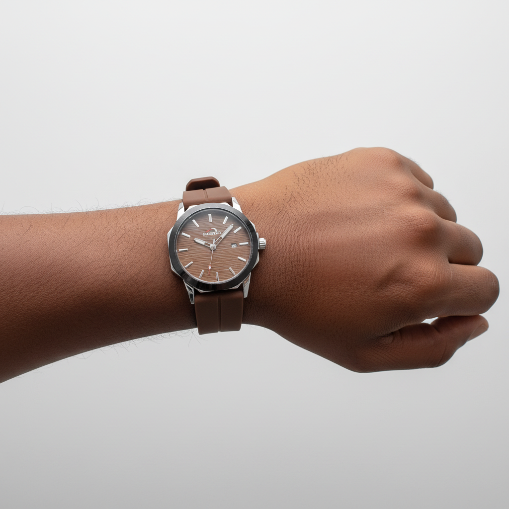 Brown textured dial watch with brown grooved strap and polished case worn on a Black man’s wrist