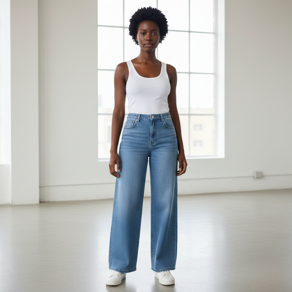 Nigerian female model wearing light blue wide-leg high-waist jeans front view