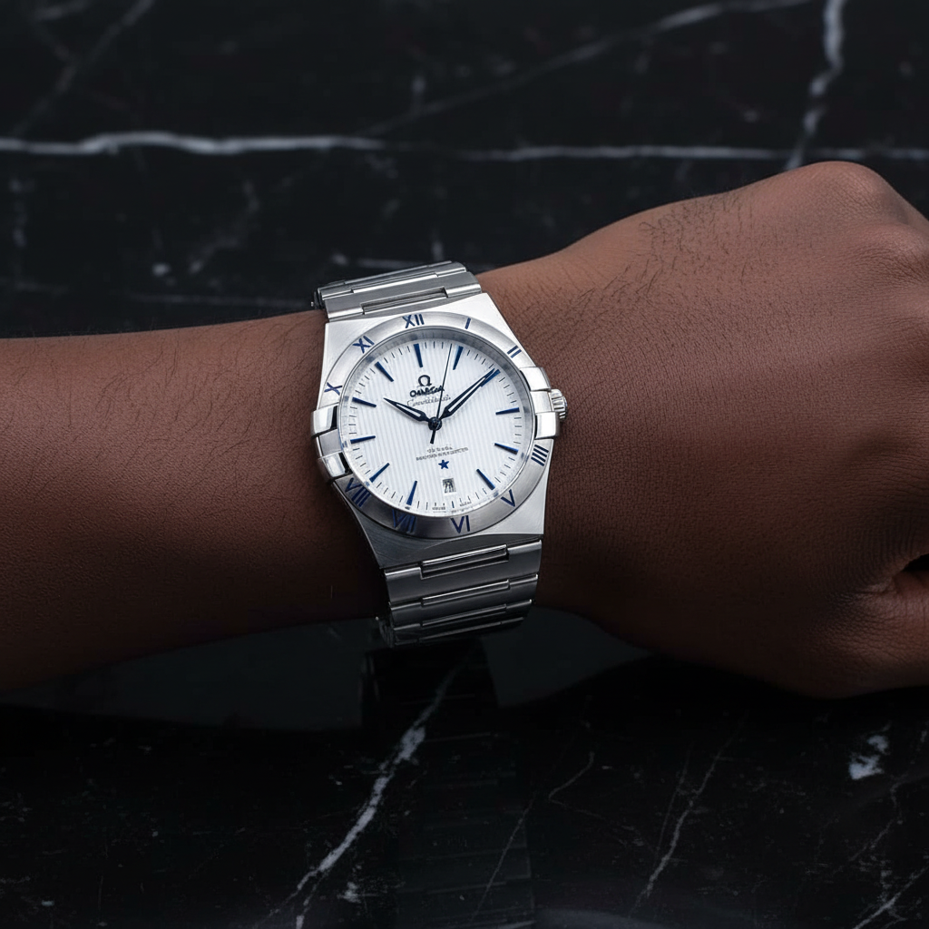 Nigerian man wearing silver Co-Axial chronometer watch with white dial and blue accents, wrist close-up