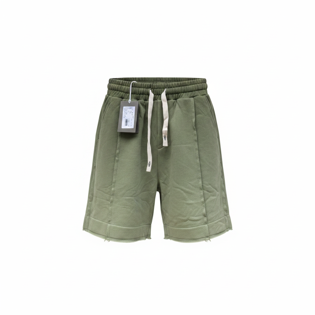 Men's olive sage green raw hem panel sweat shorts — ghost mannequin front view