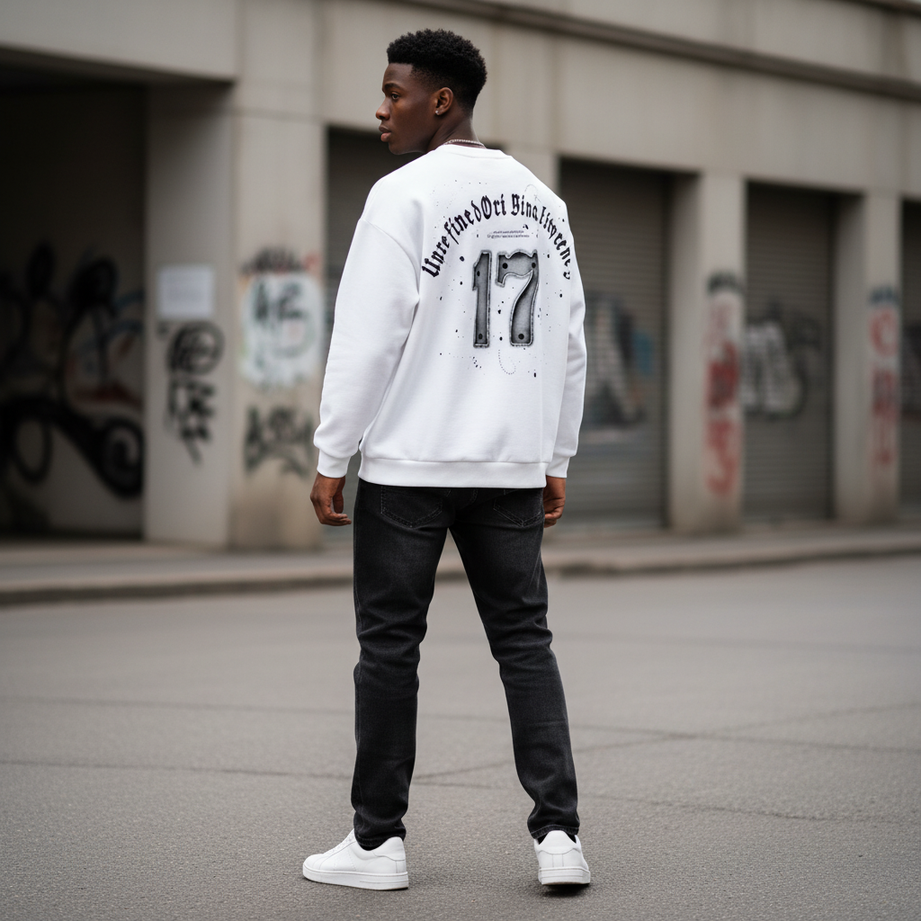 Male model wearing white Undefined Originality 17 graphic sweatshirt back view