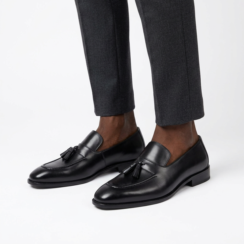 Black male model wearing both smooth black twin-tassel loafers on white