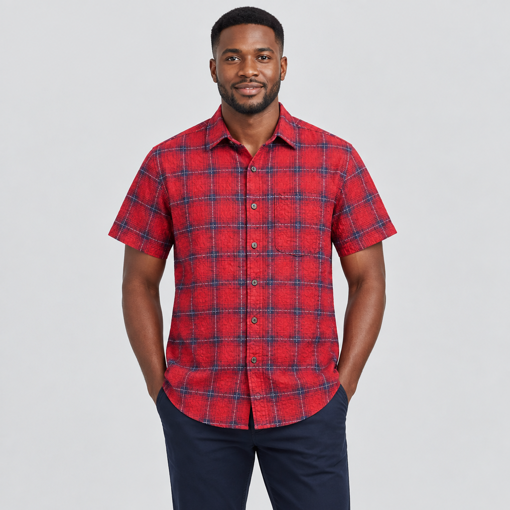 Model wearing red and navy checked short-sleeve shirt