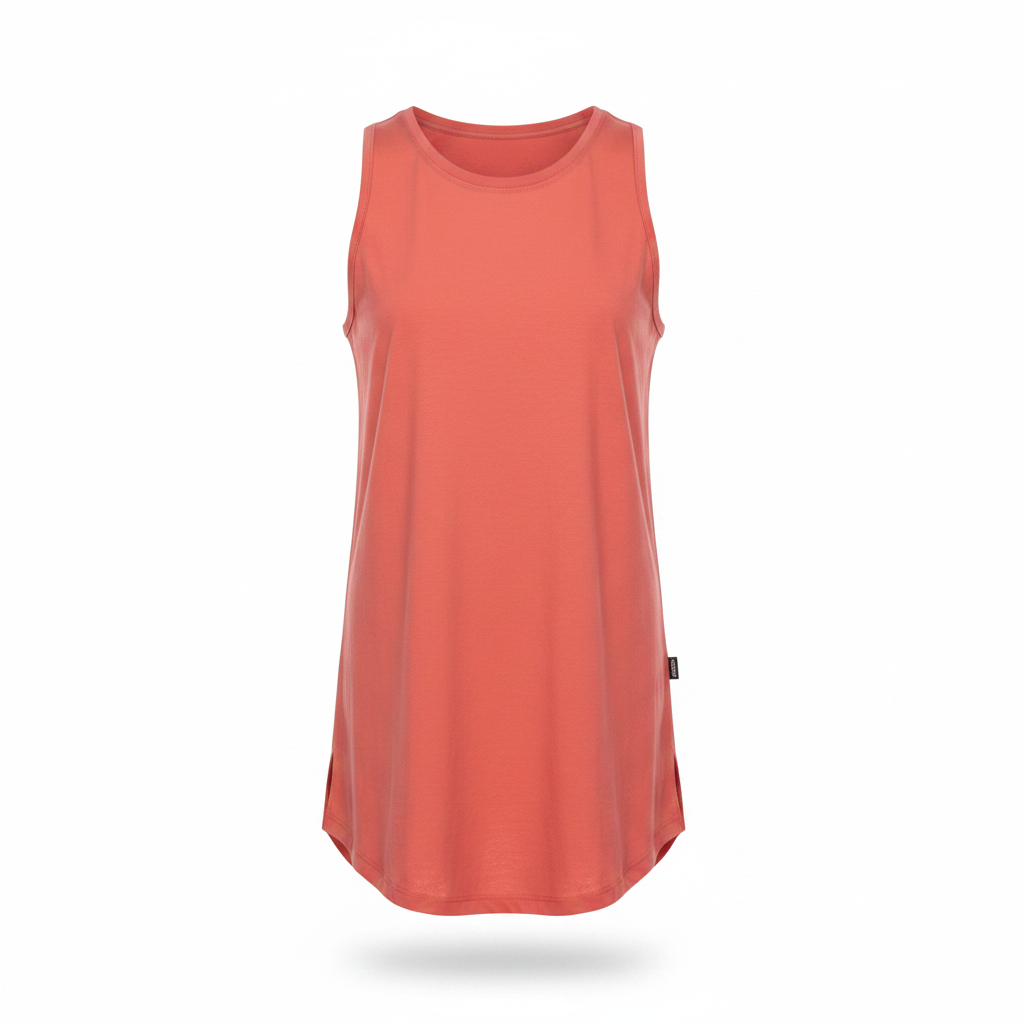 Coral red sleeveless muscle vest on ghost mannequin, white background