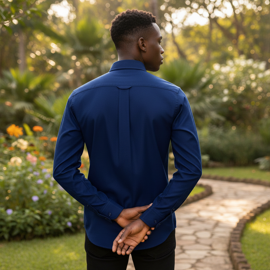 Men's Classic Navy Blue Long-Sleeve Button-Down Shirt - Back View